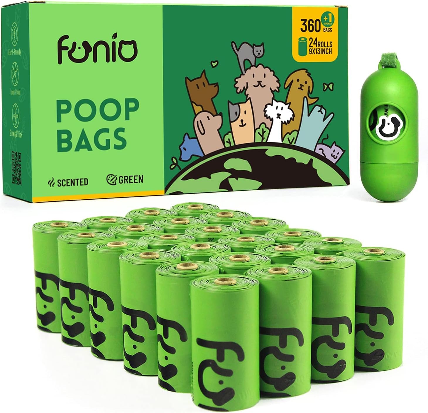 Funio Dog Poop Bags with Dispenser, Extra Thick Doggie Bags, Lavender Scented Pet Waste Bag, Biodegradable Poop Bag for Dogs (360 Bags, Green)