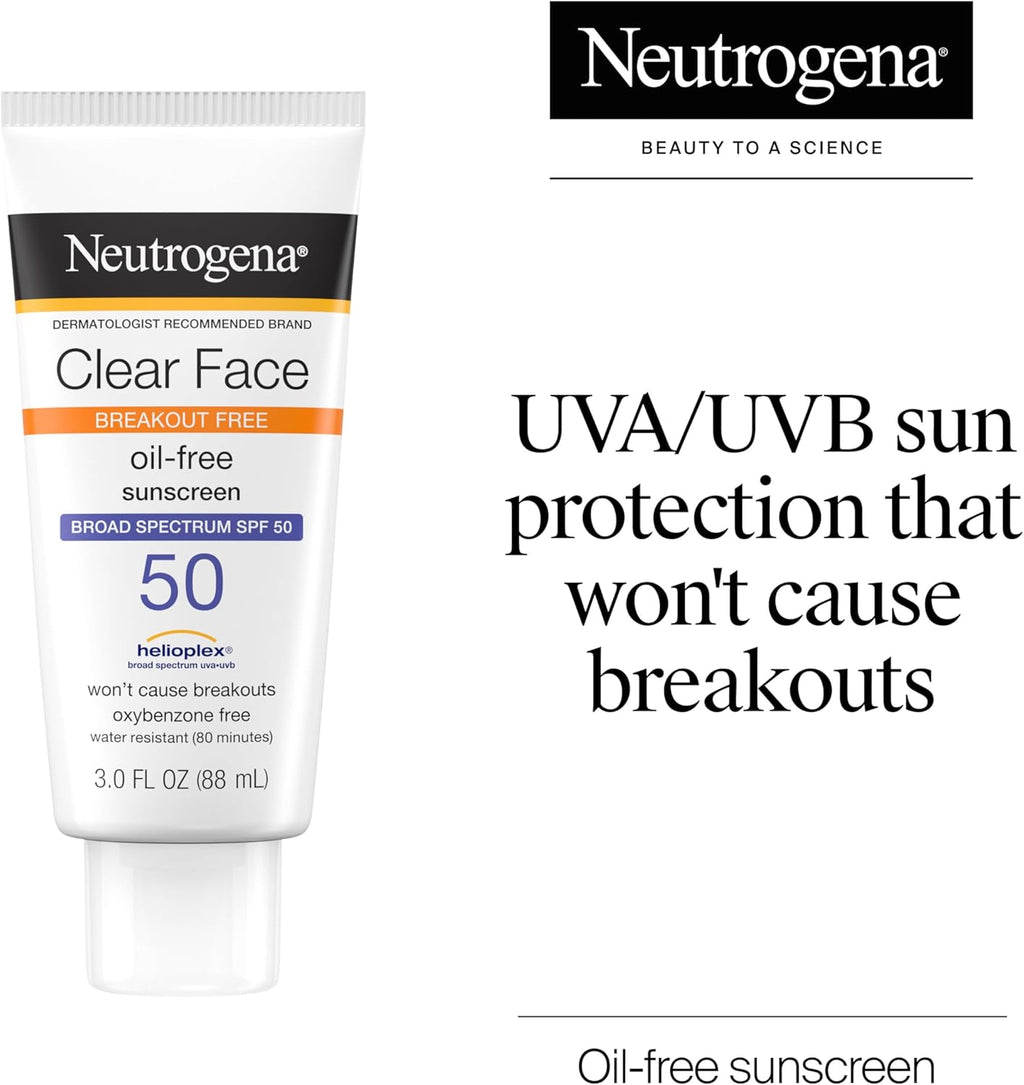 Clear Face Sunscreen Lotion for Acne-Prone Skin, Broad Spectrum SPF 50, Sunscreen for Face & Oily Skin, Oil-,Fragrance- & Oxybenzone-Free, Water Resistant, Matte, Unscented, 3 Fl Oz